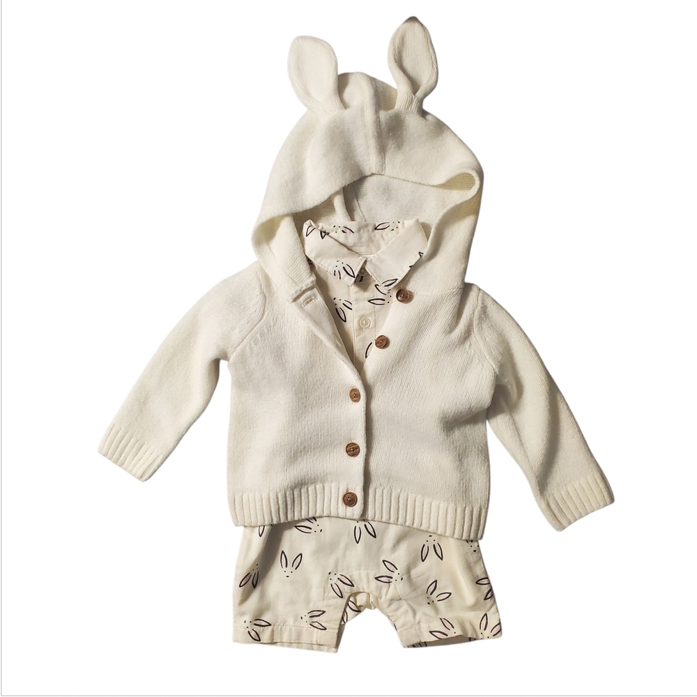 Hanna Andersson Outfit Set Baby 6-12 M Cream Bunny Ears Sweater and Romper